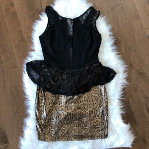 Bebe Lace and Shiny Leopard Print Stretch Peplum Mini Dress Size Large